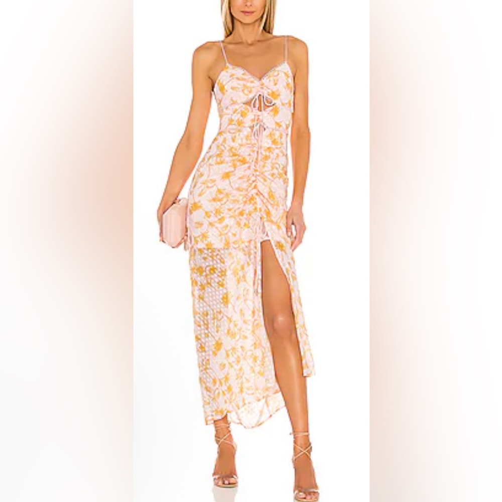 NWT Significant Other Angelina Floral Ruched Cutout Midi Dress in Pink & Gold: 4